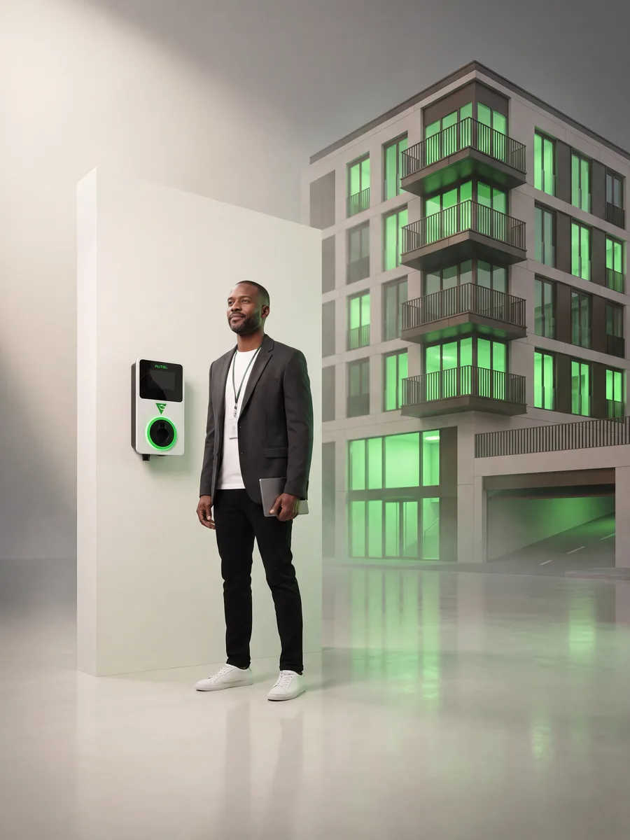 A property manager beside an EV Initiative wallbox, the apartment building behind him lit green