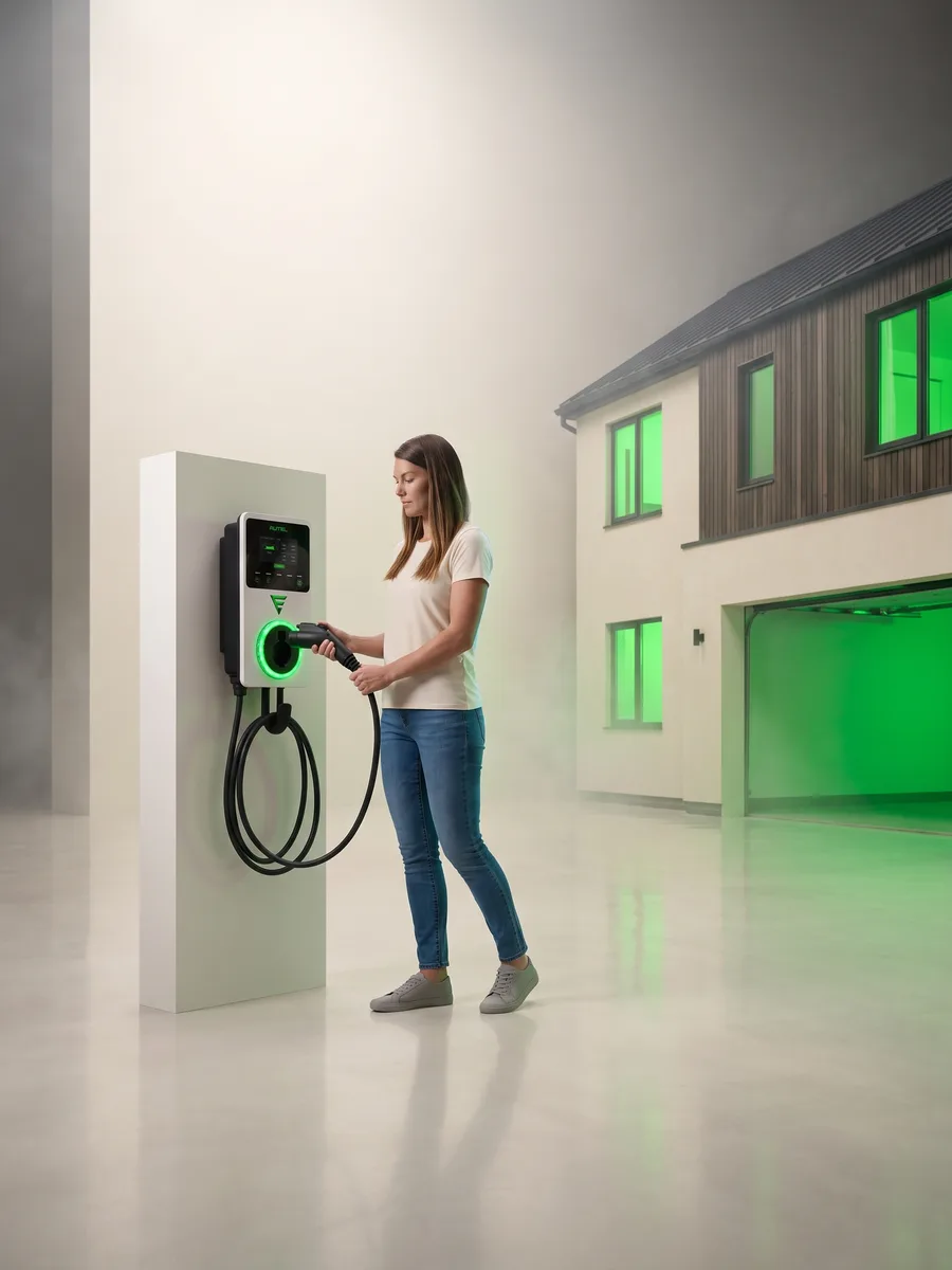 A homeowner lifting the connector from an EV Initiative wallbox, her house lit green behind her
