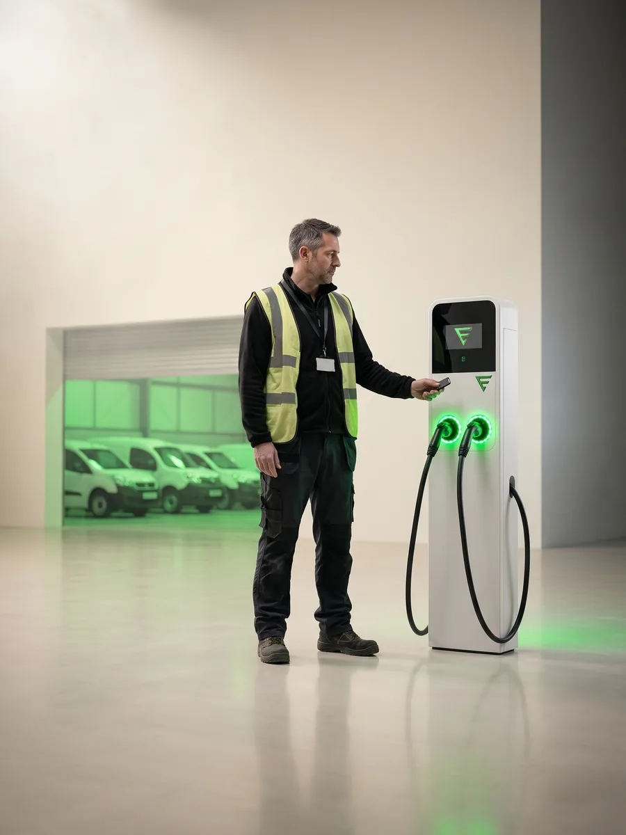 A fleet manager tapping a keyfob on a pedestal charger, the depot behind him lit green