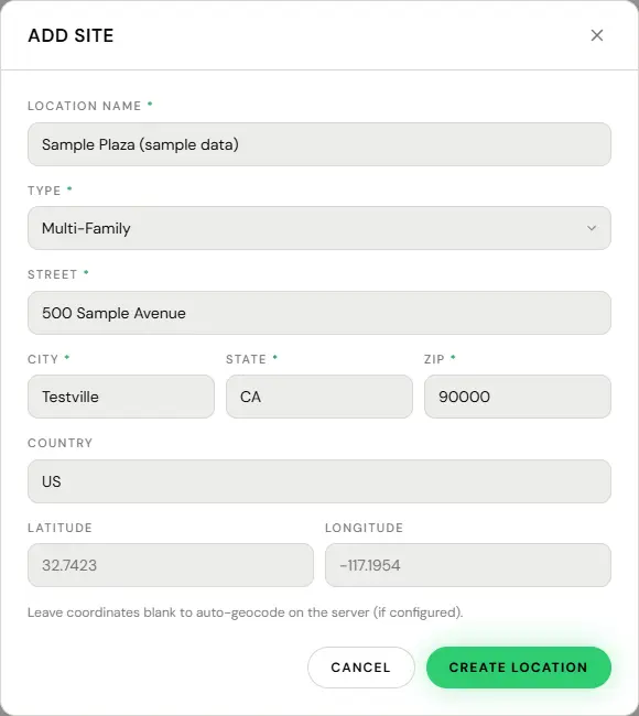 The Add Site dialog, opened from Stations, Sites by a test Operator, in manual address entry. Location Name is Sample Plaza (sample data) and Type is Multi-Family. The address is 500 Sample Avenue, Testville, CA 90000, country US, with optional Latitude and Longitude fields left empty, showing the form’s grey example values, and a note that blank coordinates are geocoded on the server. Cancel and Create Location buttons are at the bottom. Nothing was submitted.