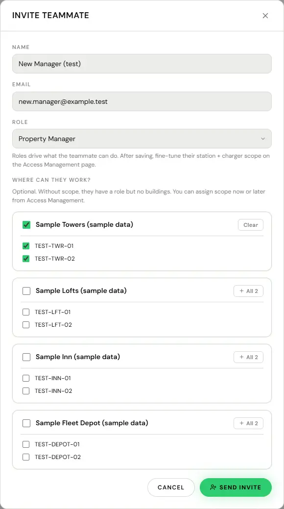 Invite teammate dialog opened from Manage, Users, Team by a test Tenant Admin. Name is New Manager (test), email new.manager@example.test, and Role is Property Manager, with a hint that roles drive what the teammate can do and that station and charger scope can be fine-tuned on the Access Management page. Under Where can they work?, the Sample Towers (sample data) station and both of its chargers, TEST-TWR-01 and TEST-TWR-02, are ticked, while Sample Lofts, Sample Inn and Sample Fleet Depot (all sample data) are left unticked. Cancel and Send invite buttons are at the bottom.