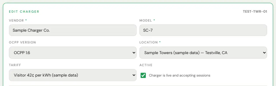 The top of the Edit charger form on the charger page for TEST-TWR-01, opened with Edit by a test Tenant Admin. Vendor is Sample Charger Co., Model is SC-7, OCPP version is OCPP 1.6 and Location is Sample Towers (sample data), Testville, CA. The Tariff select is set to Visitor 42¢ per kWh (sample data), next to the Active switch, which reads Charger is live and accepting sessions.