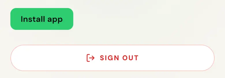 Bottom of the driver app Settings screen in Chrome. A green Install app button, which appears when the browser offers to install the app, sits above the red-outlined Sign out button.
