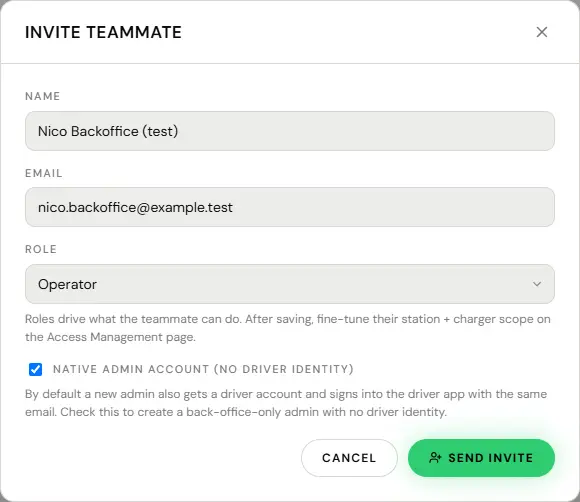 The Invite teammate dialog with Name Nico Backoffice (test), email nico.backoffice@example.test and Role Operator. The box Native admin account (no driver identity) is ticked, with the note that by default a new admin also gets a driver account and signs into the driver app with the same email, and that ticking it creates a back-office-only admin. This option appears only for a super admin; this capture uses a test super admin. Cancel and Send invite buttons are at the bottom. Nothing was sent.