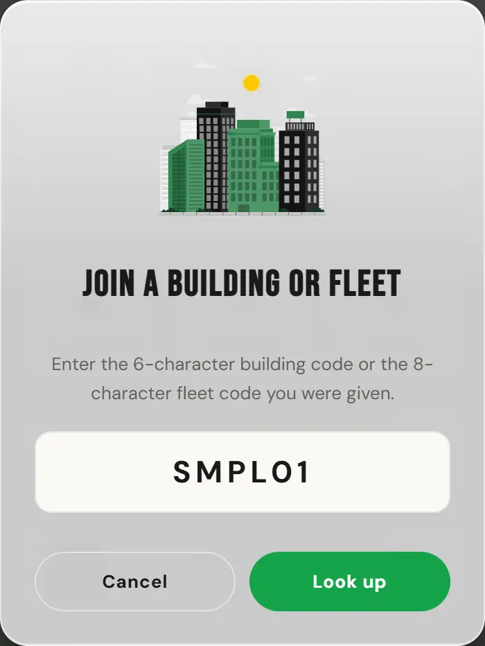 Join a building or fleet dialog in the driver app, opened from the Account sheet. Under an illustration of city buildings, the text reads Enter the 6-character building code or the 8-character fleet code you were given. The sample building code SMPL01 is typed into the code field, above Cancel and Look up buttons.