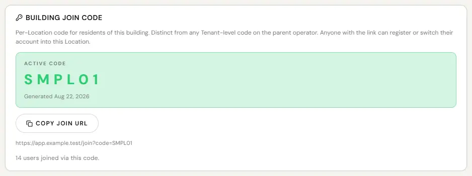 The Building Join Code card under Location Settings for Sample Towers (sample data), seen by a test Operator. It explains that this per-location code is for residents of the building and that anyone with the link can register or switch their account into the location. Active code is the sample code SMPL01, with its generated date and a Copy join URL button. The join link reads https://app.example.test/join?code=SMPL01, and the footer says 14 users joined via this code.