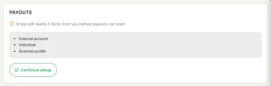 The same Payouts card after Stripe onboarding was started but not finished. An amber note reads: Stripe still needs 3 items from you before payouts can start. The list below names them as External account, Individual and Business profile, and a Continue setup button returns to Stripe. No bank details are shown.
