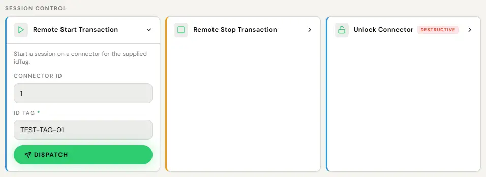 The Session control group on the Commands tab of the charger page for TEST-TWR-02, seen by a test Operator. Remote Start Transaction is expanded: Start a session on a connector for the supplied idTag. Connector ID is 1 and ID tag is the sample tag TEST-TAG-01, with an enabled Dispatch button. Remote Stop Transaction and Unlock Connector, tagged Destructive, sit collapsed beside it. Nothing was dispatched.